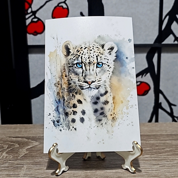 4x6 Snow Leopard Blue Eyes Portrait Watercolor Fantasy Art Oil Painting Print - Picture 4 of 5